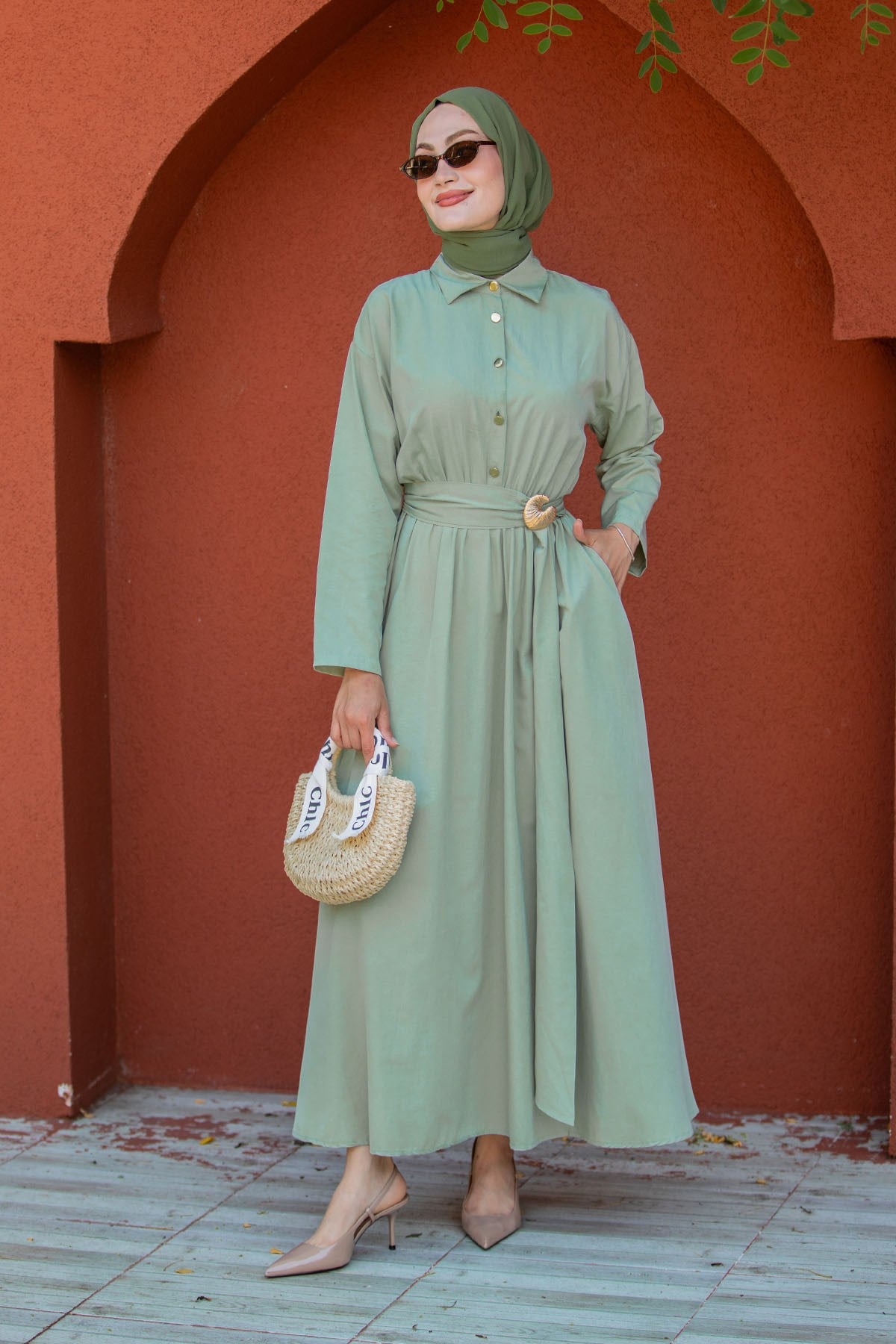 Seah Kemerli Pamuk Cotton Elbise-Mint