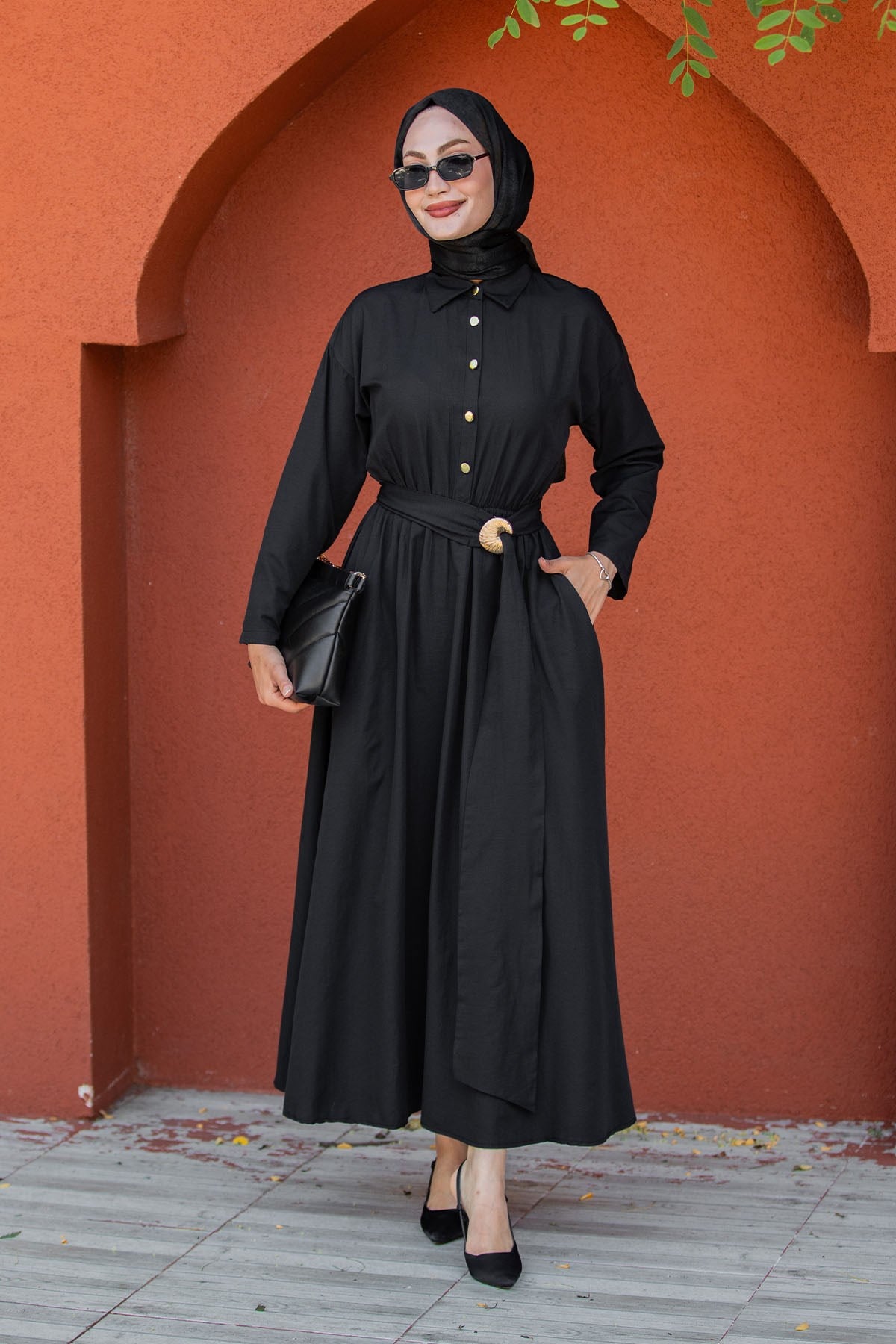 Seah Kemerli Pamuk Cotton Elbise-Siyah