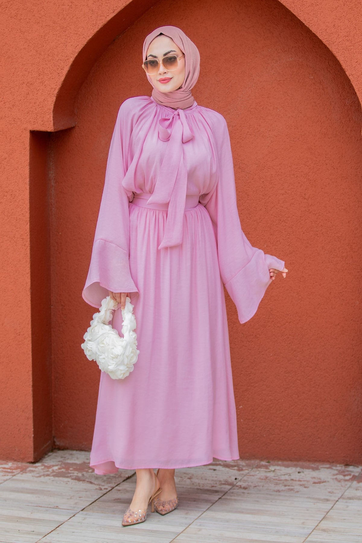 Shine Parlak Pamuk Vual Etekli Takım-Pembe