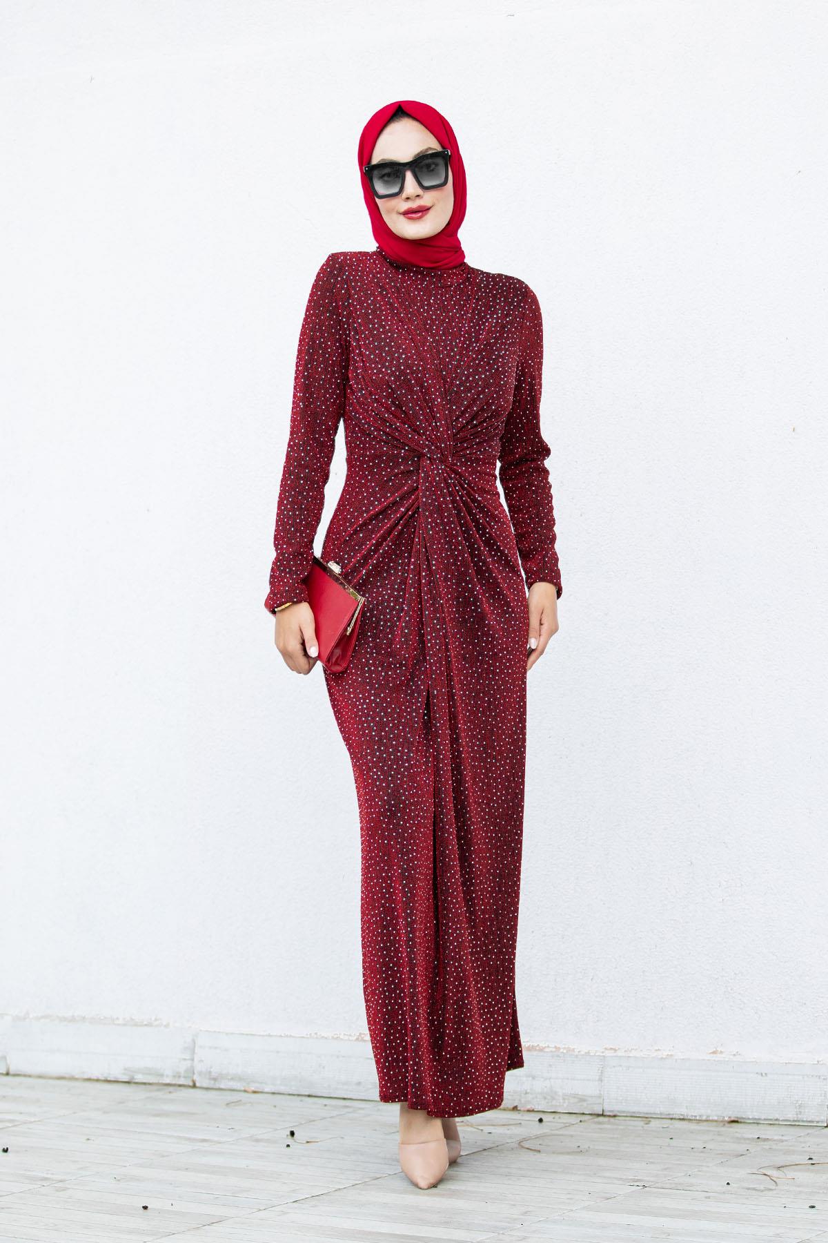 Shiny Ön Düğüm Detaylı Parlak Abiye-Bordo