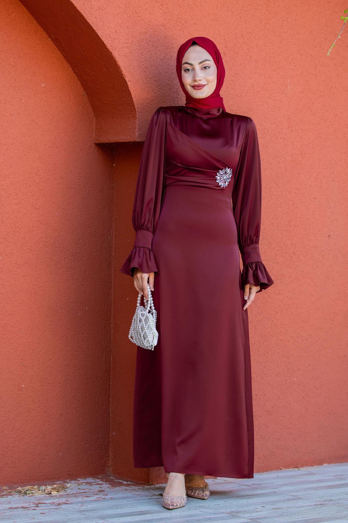 Simly Taş İşlemeli Saten Abiye-Bordo