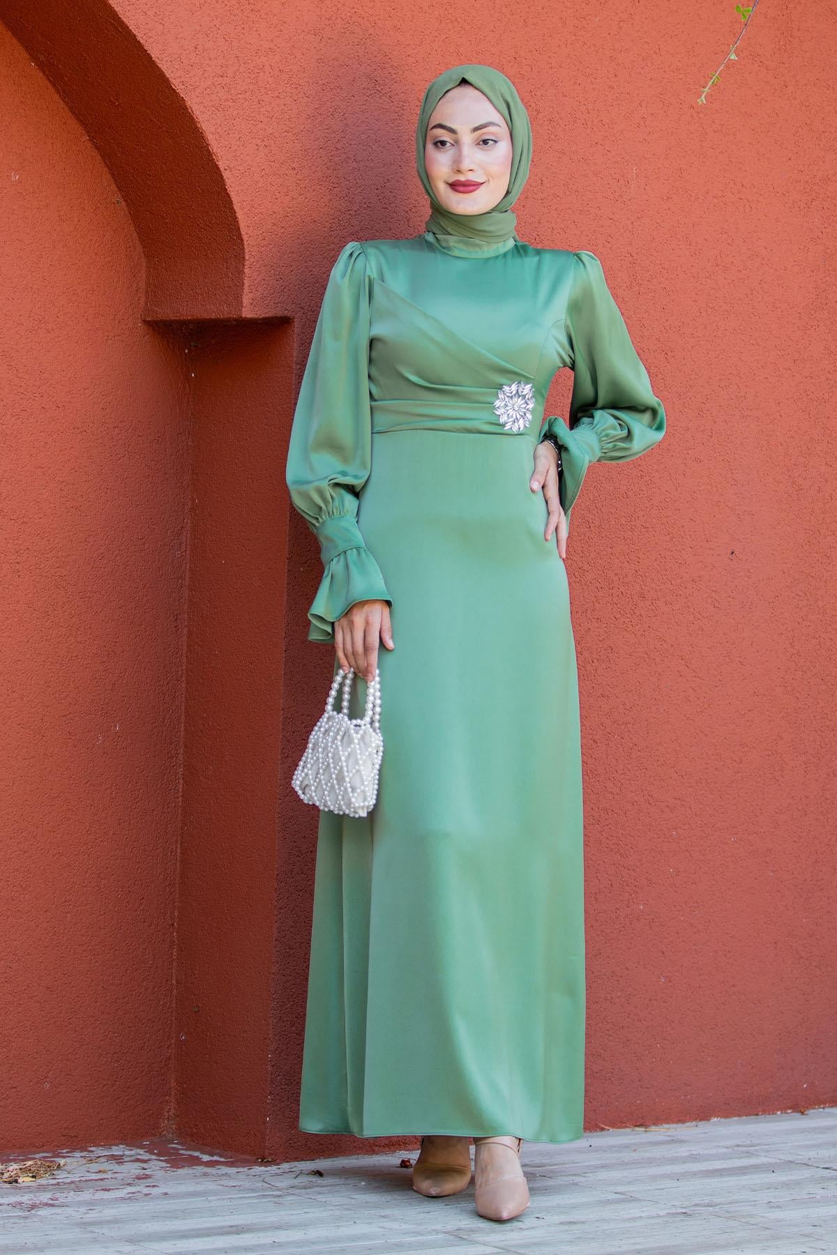 Simly Taş İşlemeli Saten Abiye-Mint