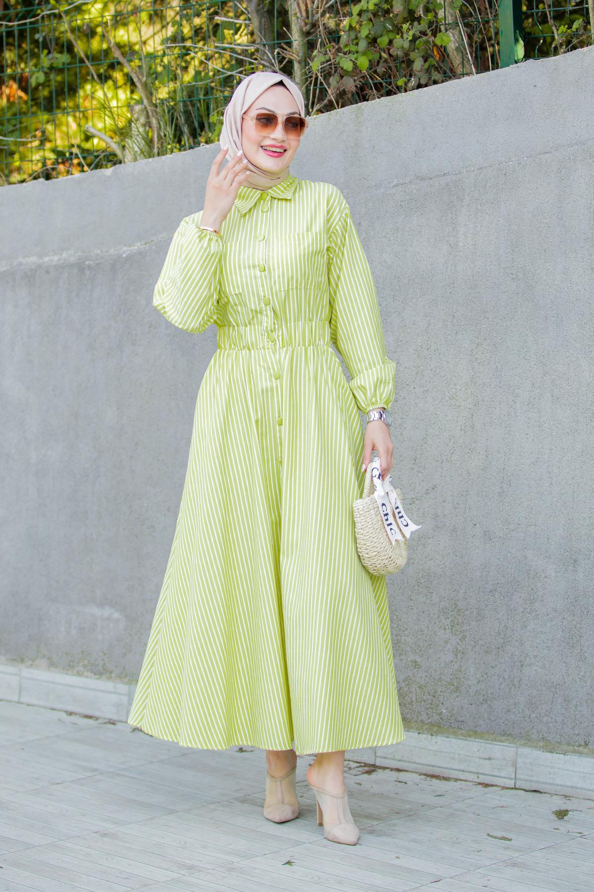Sunny Çizgili Cotton Elbise-YagYeşili