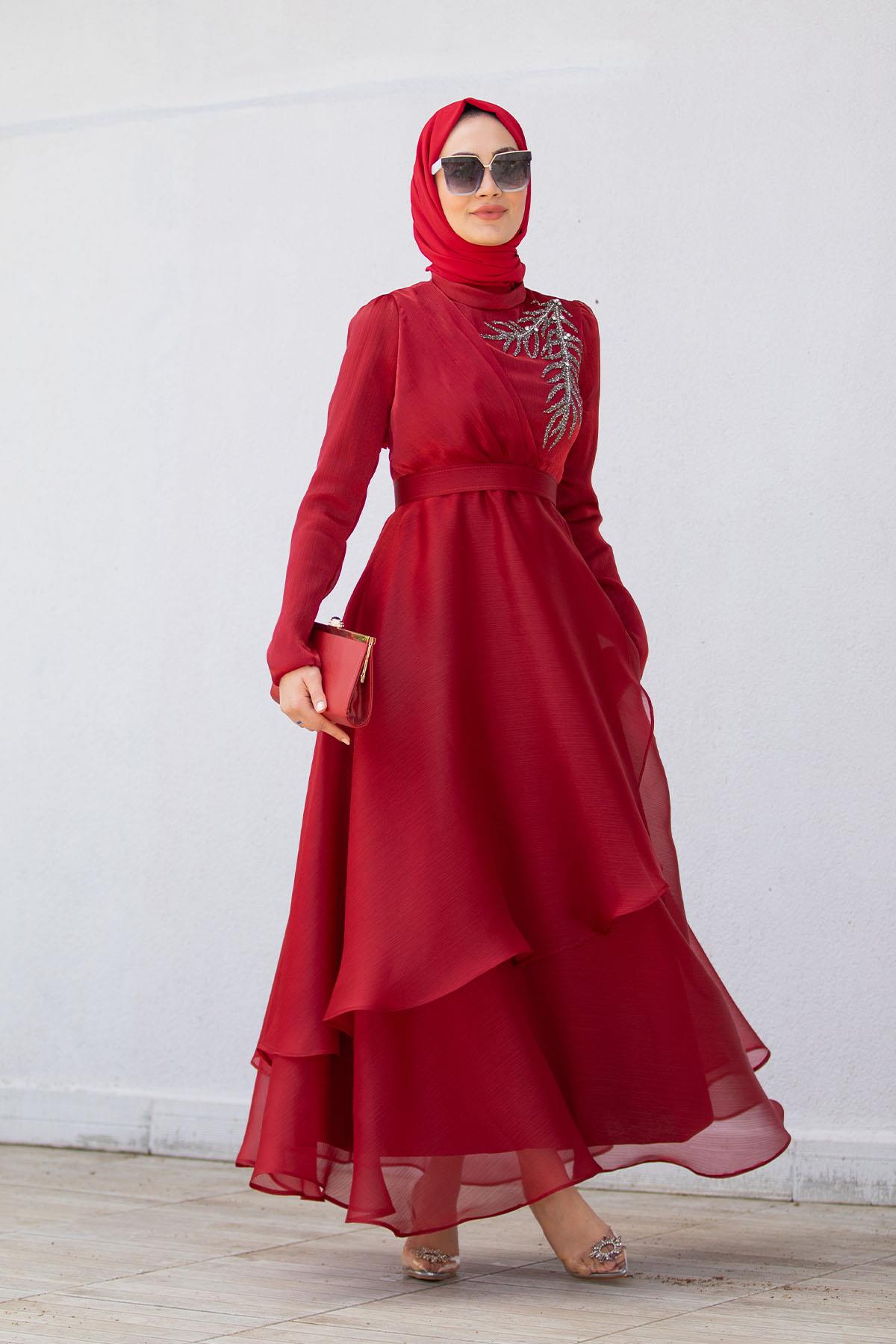 Taş Detaylı Organze Abiye Elbise-Bordo