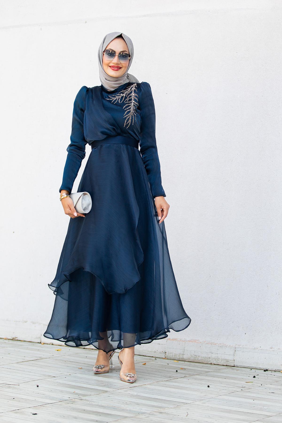 Taş Detaylı Organze Abiye Elbise-Laci