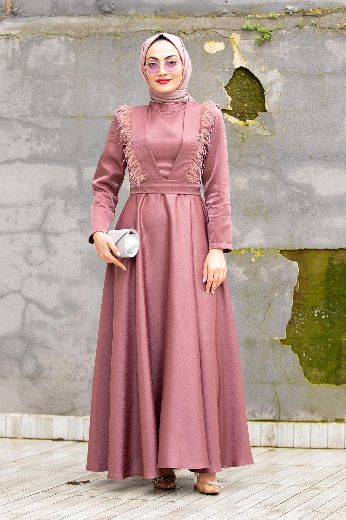 Tüy Detaylı Asetat Saten Abiye-Pembe