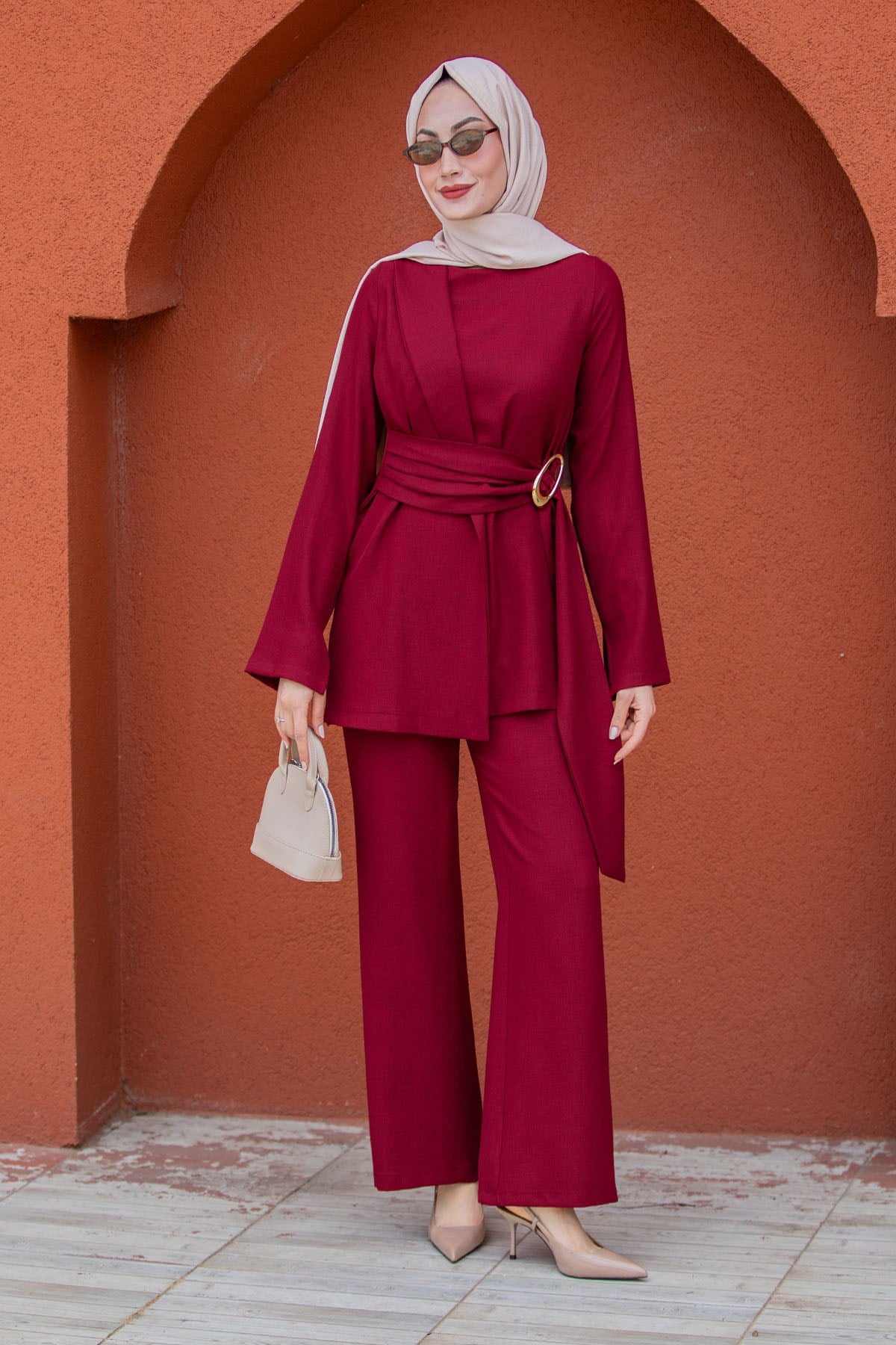 Twin Bluz Pantolon Keten Dokuma Takım-Bordo