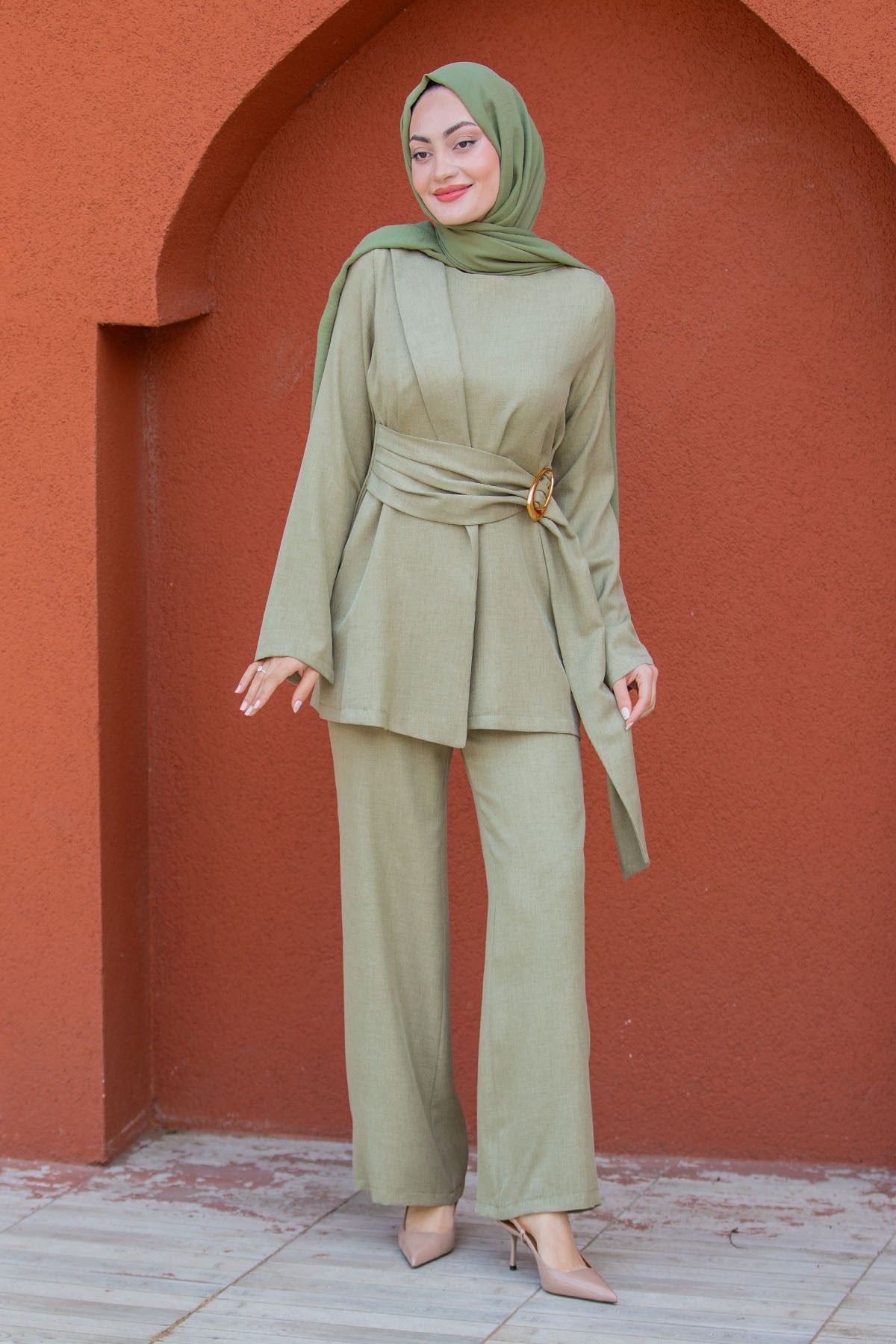 Twin Bluz Pantolon Keten Dokuma Takım-Mint