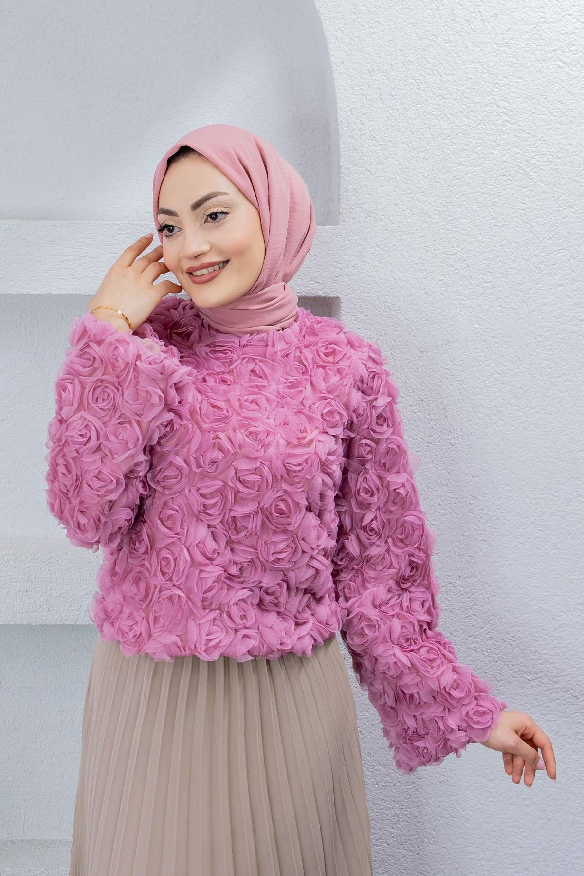 ÜçBoyut Gül Efektli Bluz-Pembe