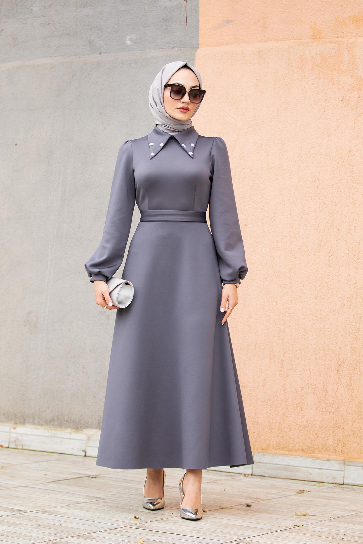 Yaka İncili Puf Dalgıç Elbise-Gri