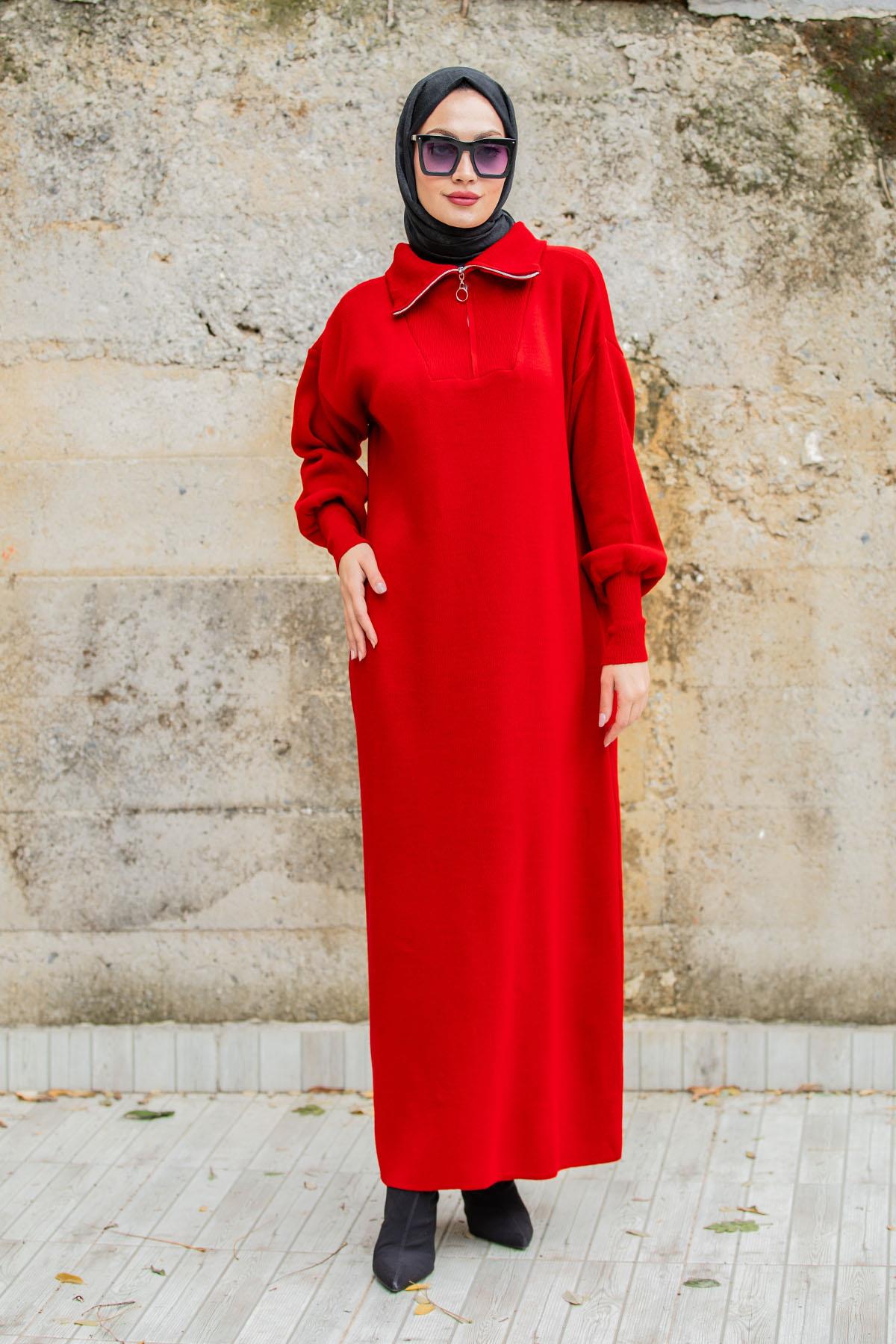 Yakalı Triko Yumoş Elbise-Kırmızı