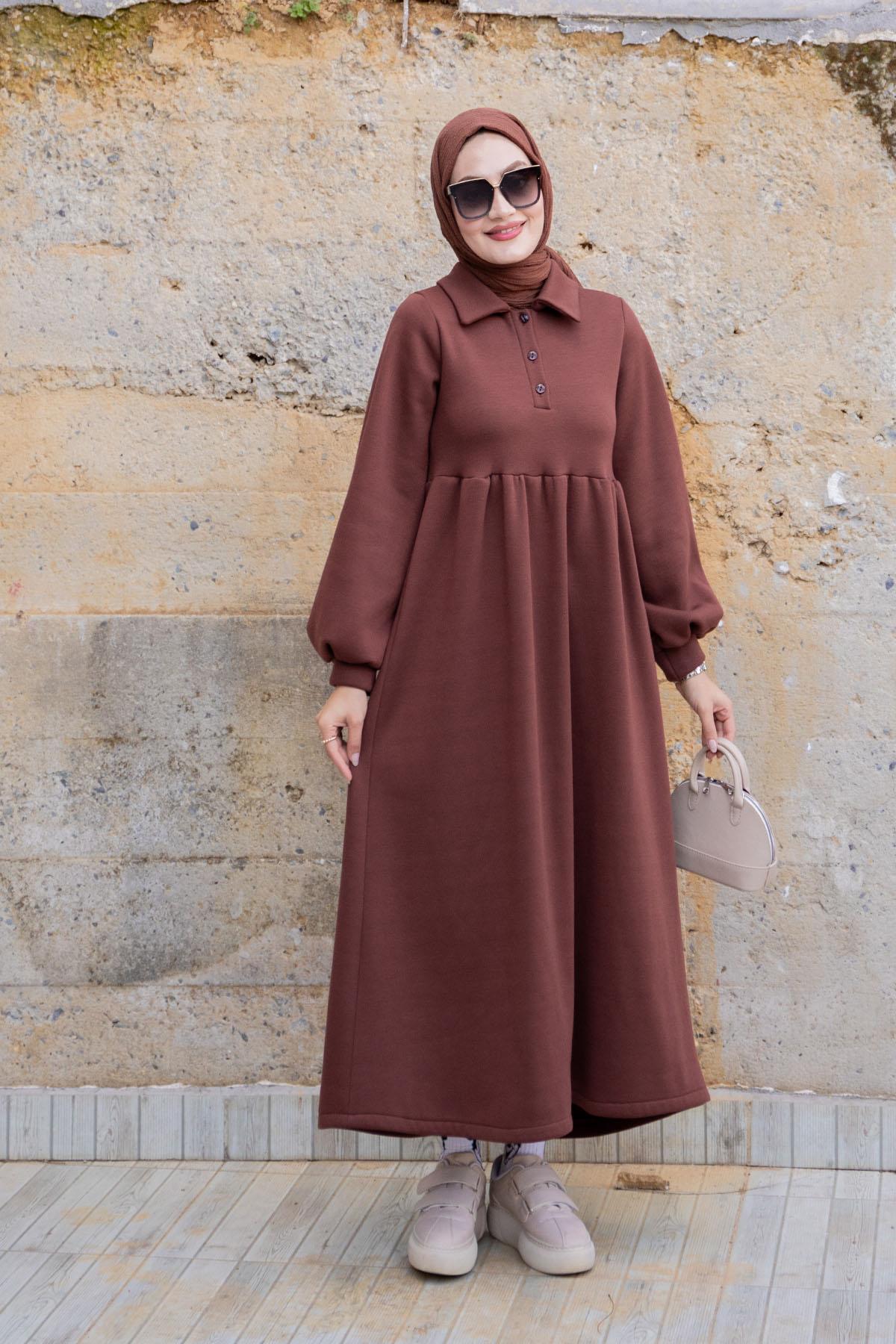 Yakalı Üç İplik Şardonlu Sweat Elbise-Khv