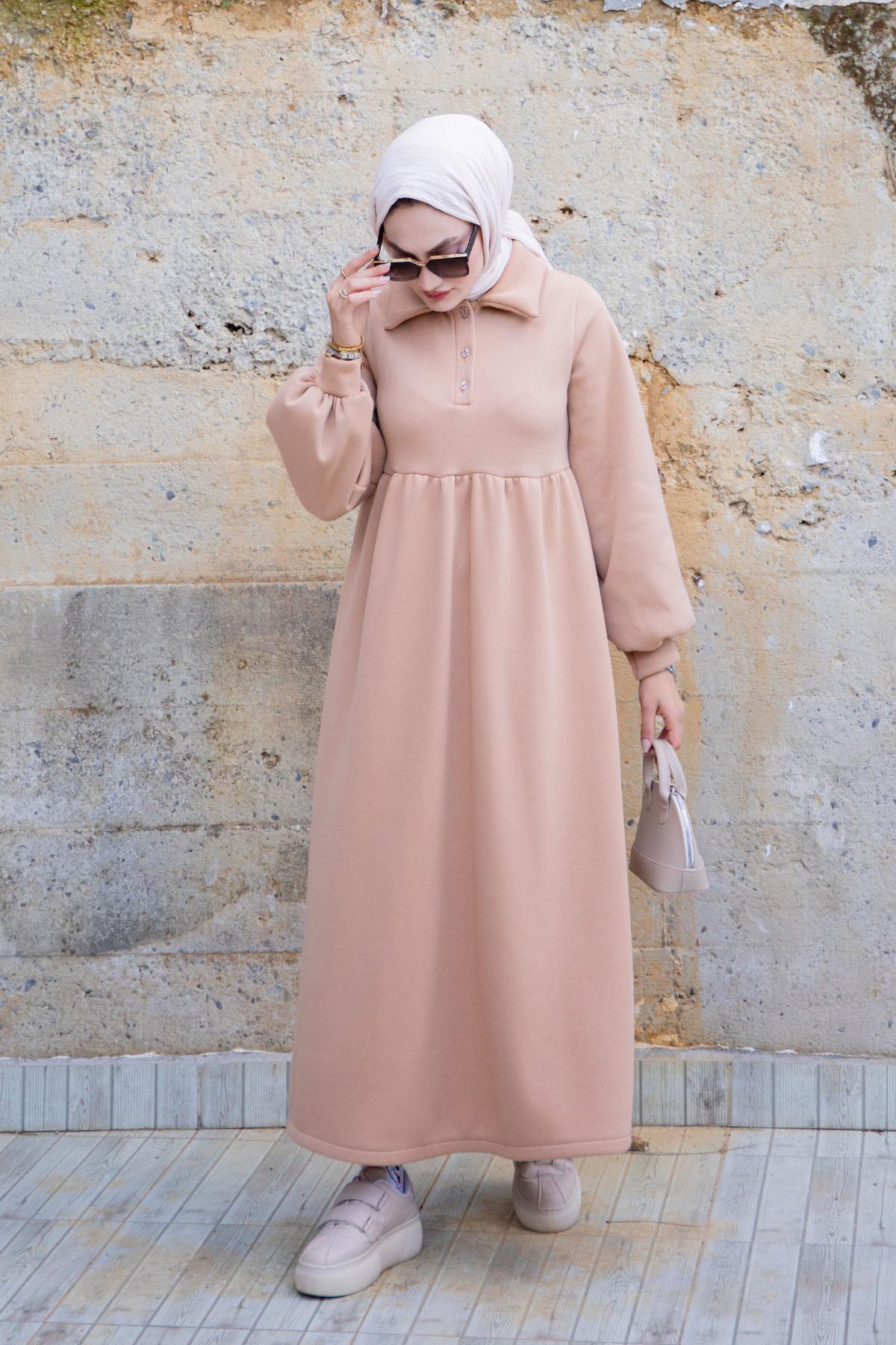 Yakalı Üç İplik Şardonlu Sweat Elbise-Taba