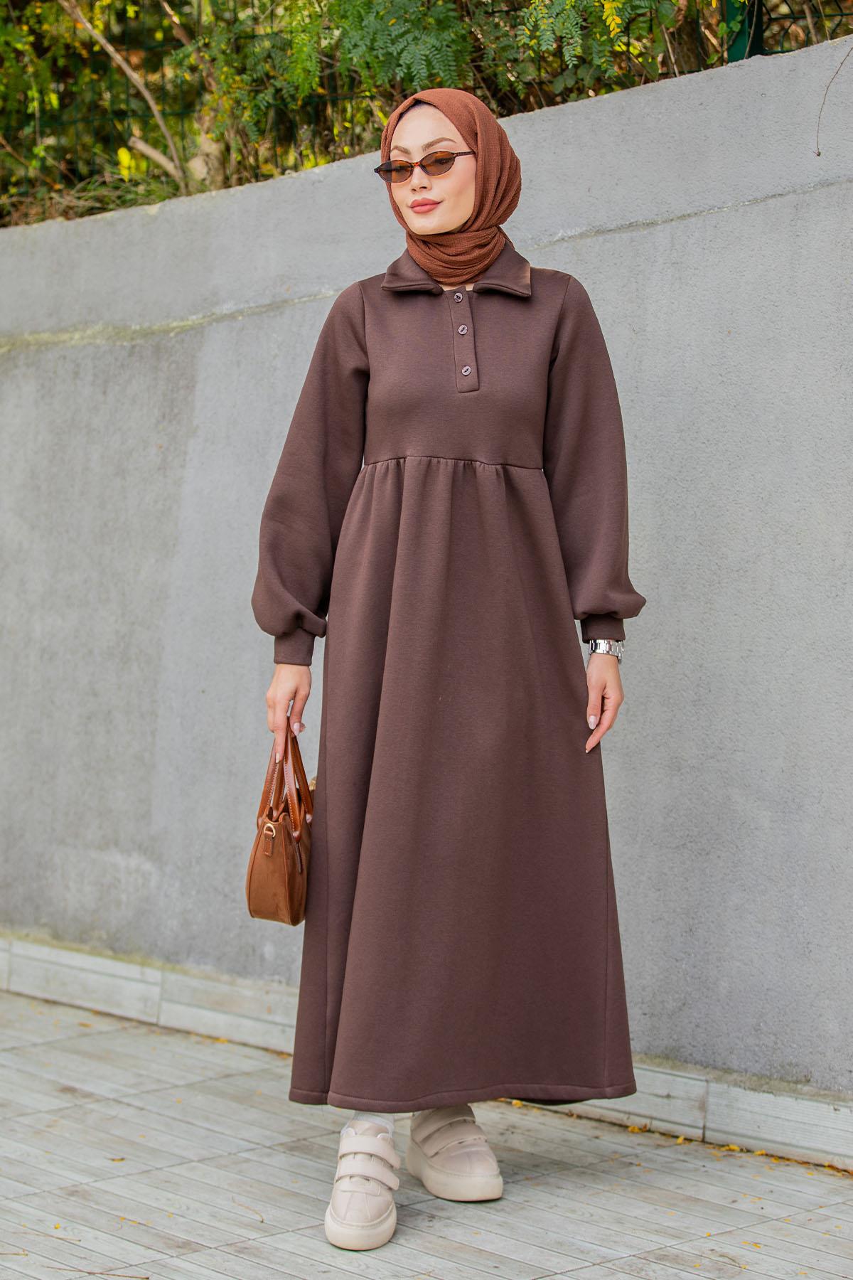 Yakalı Üç İplik Spor Robalı Elbise-Kahve