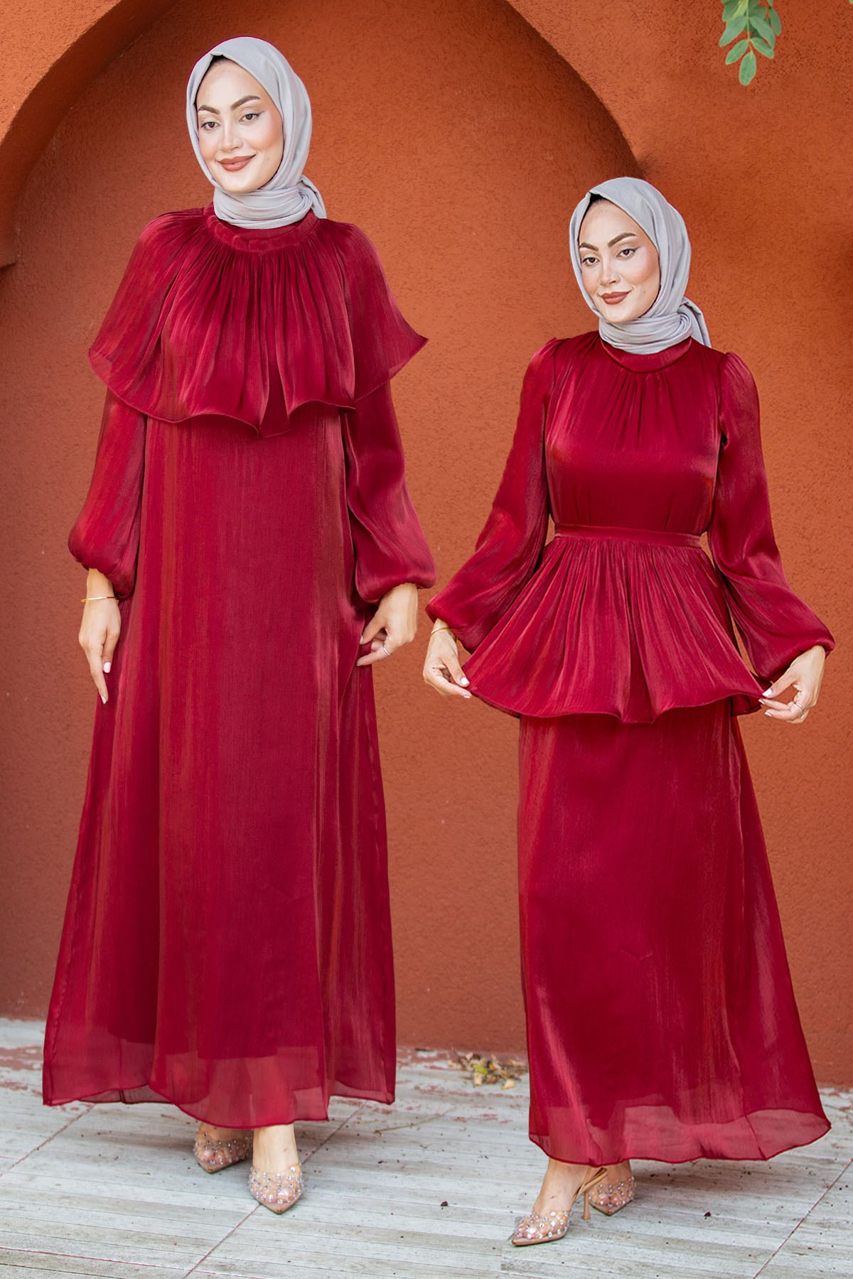 Yelly Seyyar Pelerinli Parlak Yoryo Abiye-Bordo