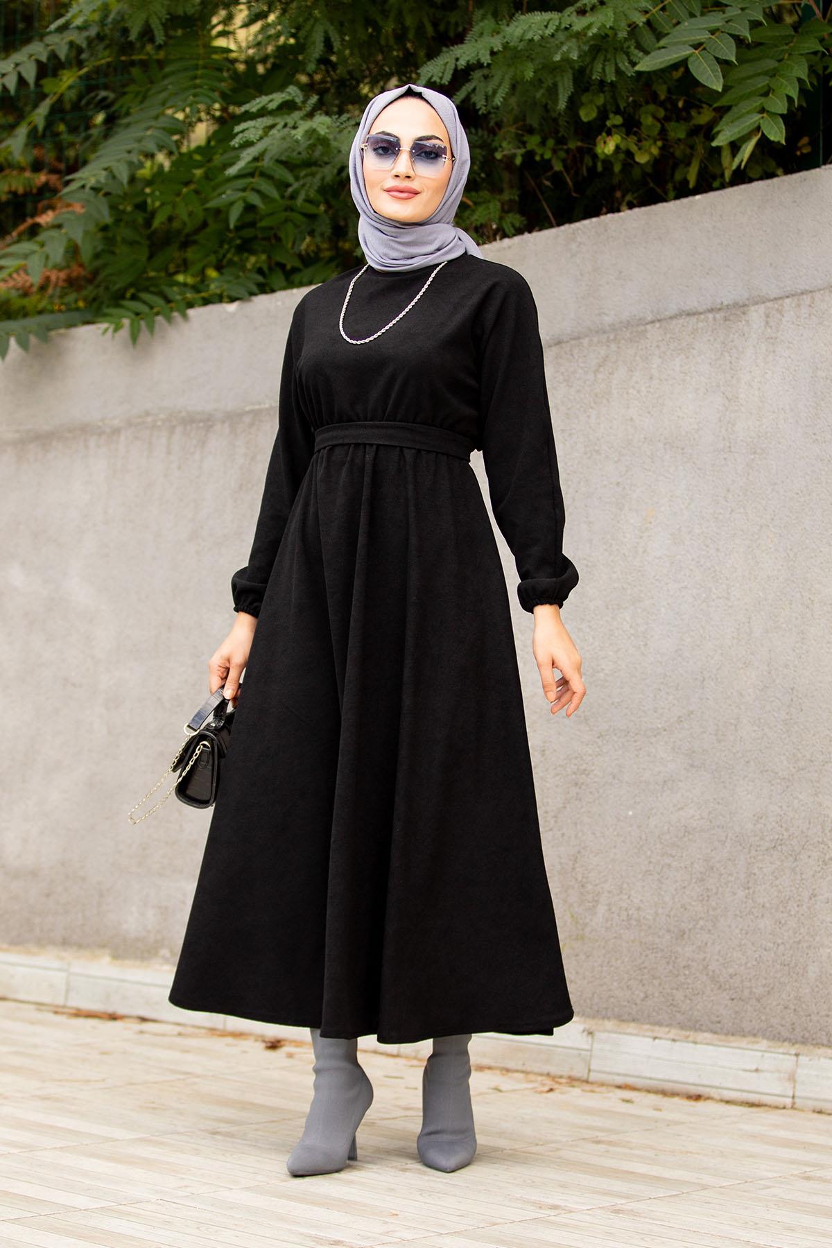 Yeni Havlı Mat Kadife Mevlana Elbise-Siyah