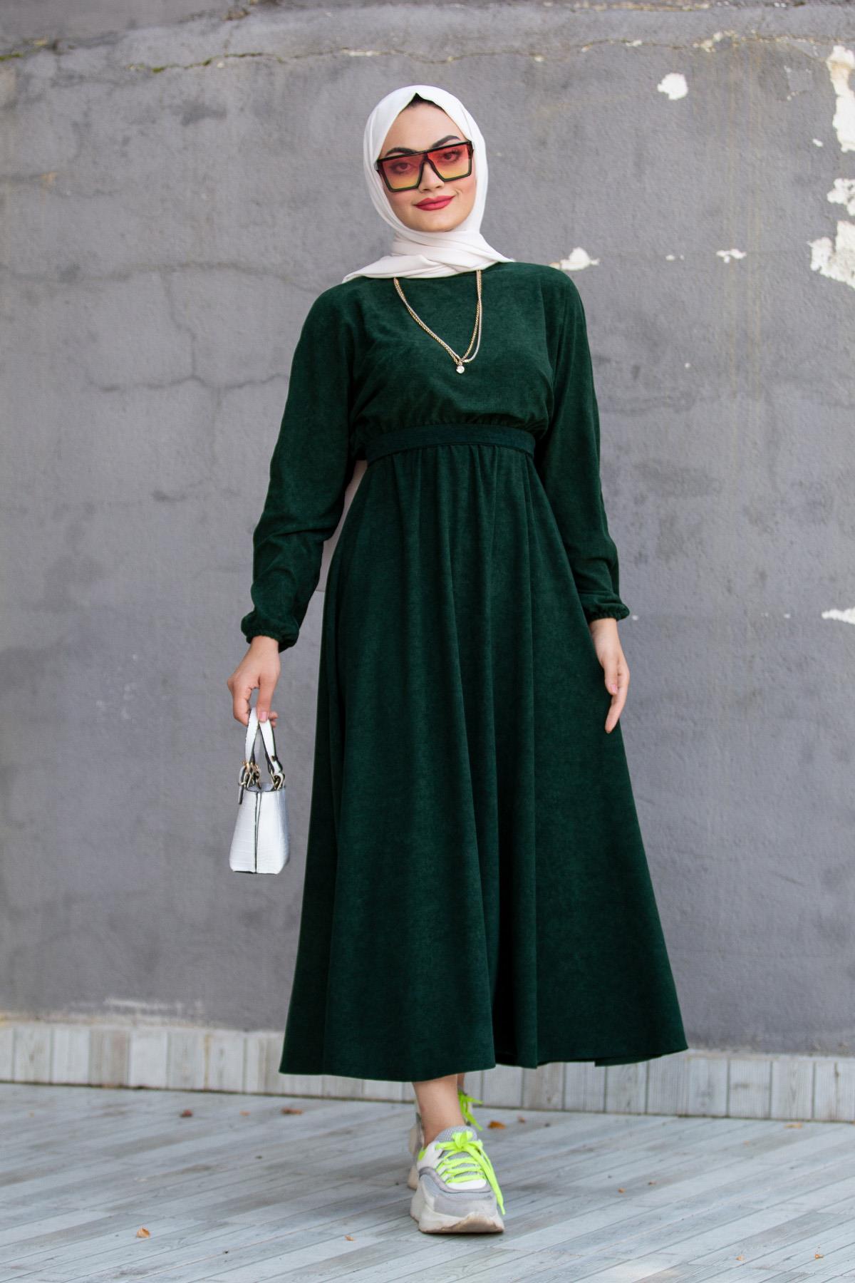 Yeni Havlı Mat Kadife Mevlana Elbise-Zümrüt