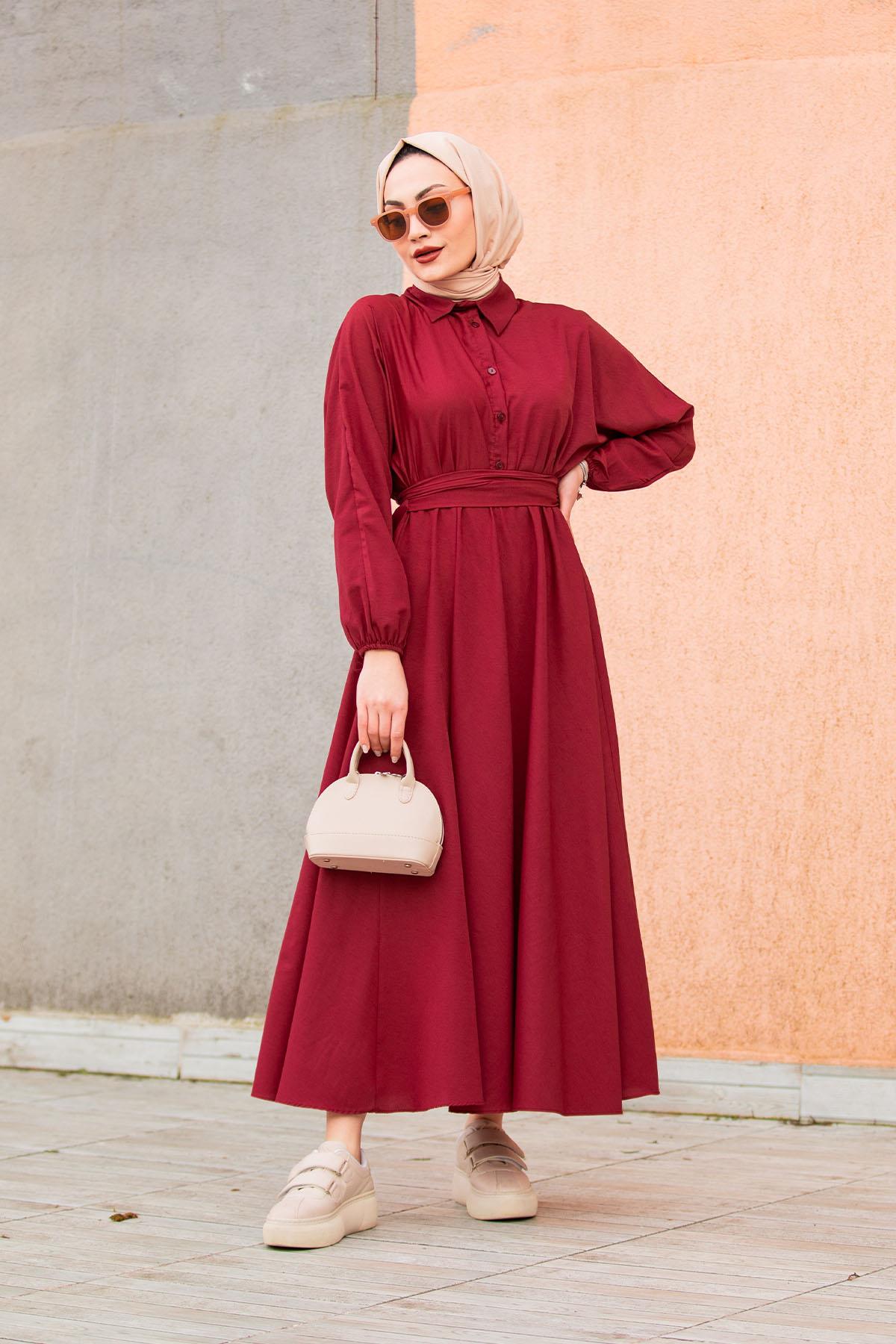 Yeni Sena Cotton Elbise-Bordo
