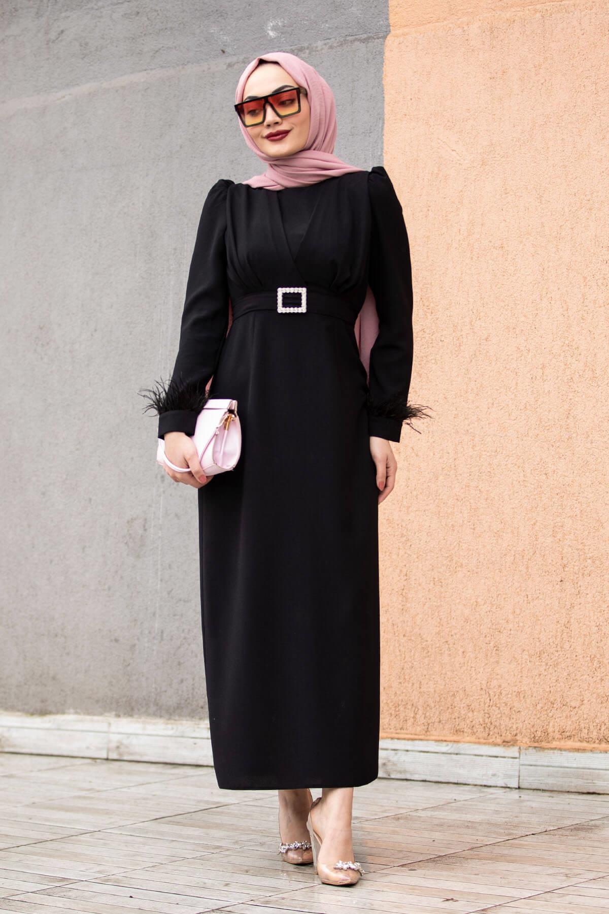 Jely Tüy Kol Detay Özel Gün Elbisesi-Siyah