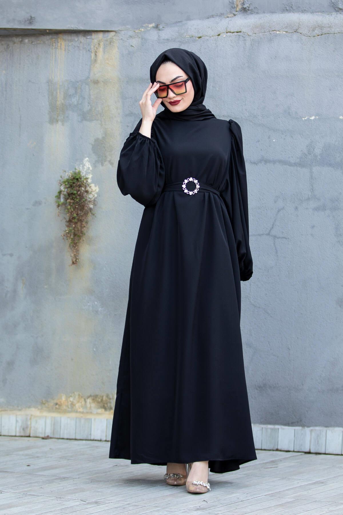Lila İpek Krep Özel Gün Elbisesi-Siyah