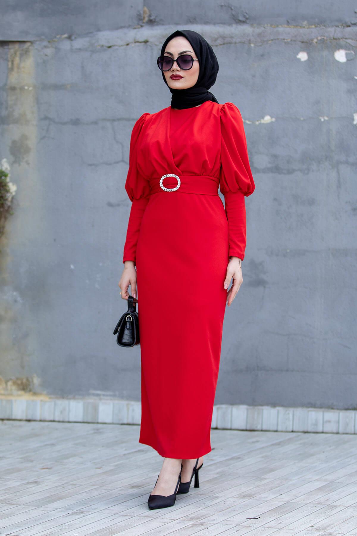 Nilly Özel Gün Elbisesi-Kırmızı