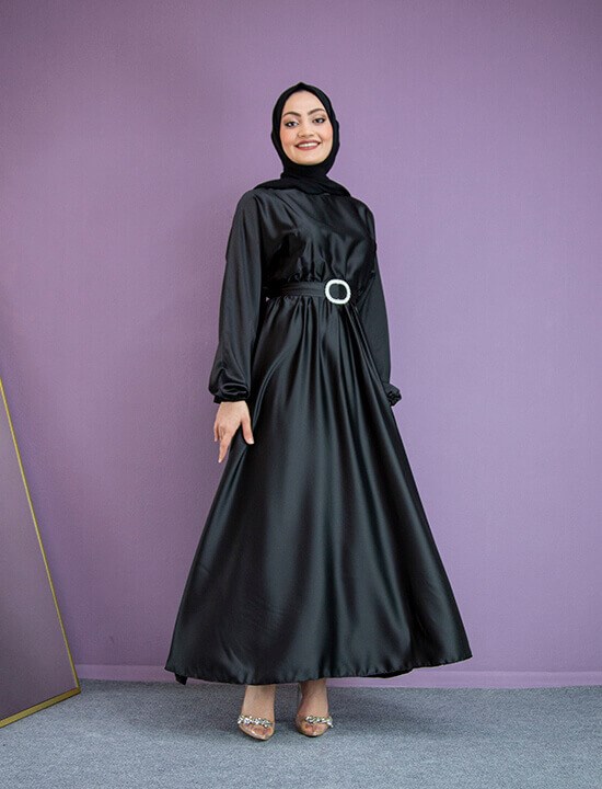 Nude Saten Mevlana Abiye Elbise-Siyah