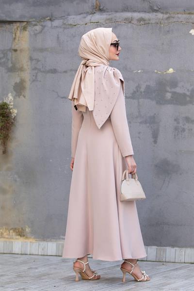 Alin Omuz Detaylı Özel Gün Elbisesi-Bej