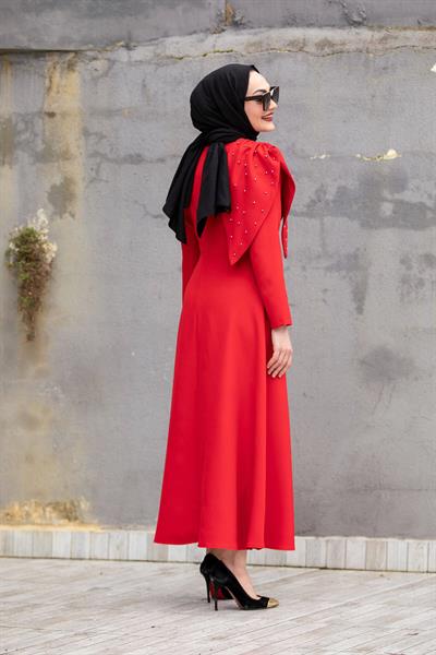 Alin Omuz Detaylı Özel Gün Elbisesi-Kırmızı