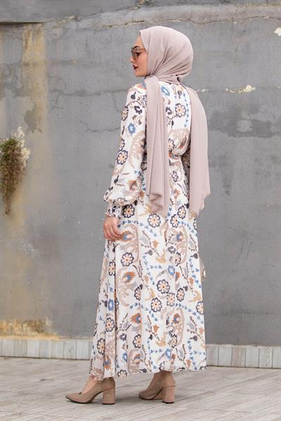 Bahar Desen Şifon Elbise-KahveRengi