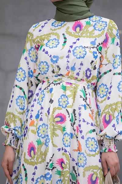 Bahar Desen Şifon Elbise-Yeşil