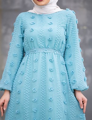 Cindy Ponpon Çiçek Nakışlı Elbise-Mavi