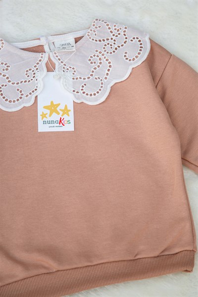 Dantel Yakalı Kız Sweatshirt-Taba