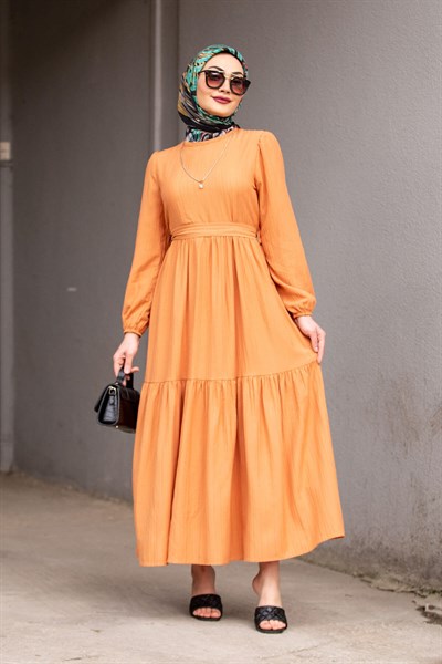 Diva Pamuk Krep Elbise-Oranj
