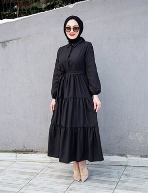 Düğmeli Cotton Elbise-Siyah