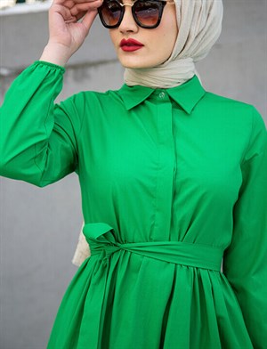Düğmeli Cotton Elbise-Yeşil