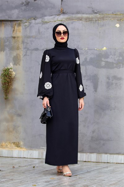 Esilya Kol Nakış Özel Gün Elbisesi-Siyah
