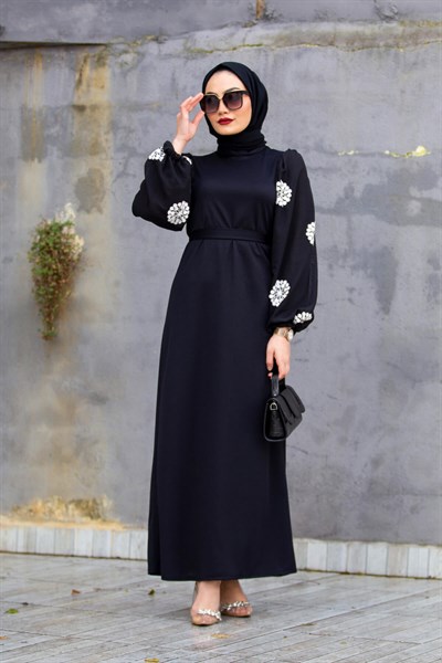 Esilya Kol Nakış Özel Gün Elbisesi-Siyah