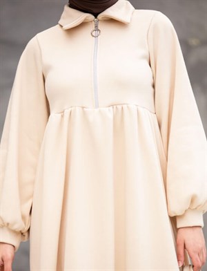 Fermuarlı 3 iplik Şardonlu Elbise-Bej