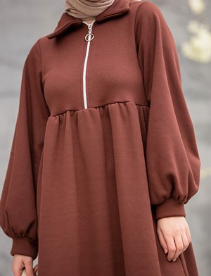 Fermuarlı 3 iplik Şardonlu Elbise-KahveRengi