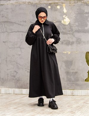 Fermuarlı 3 iplik Şardonlu Elbise-Siyah