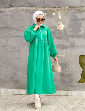 Fermuarlı 3 iplik Şardonlu Elbise-Yeşil