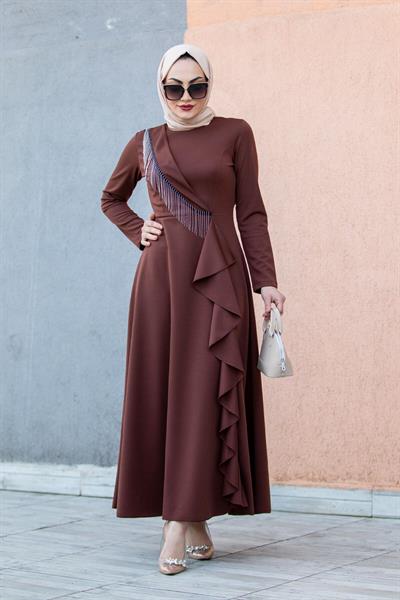 Fulya Zincir Detaylı Özel Gün Elbisesi-KahveRengi