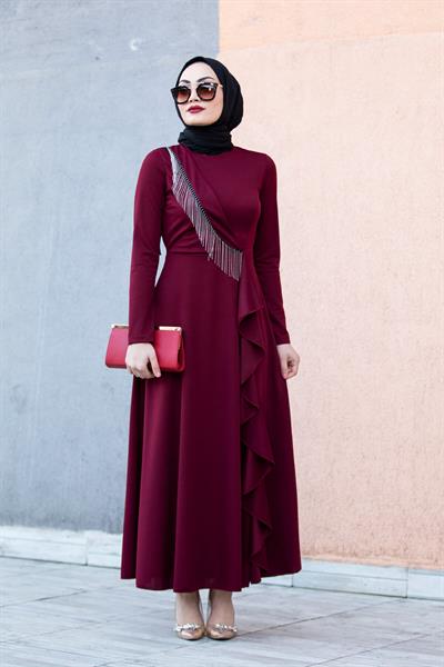 Fulya Zincir Detaylı Özel Gün Elbisesi-Bordo