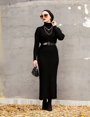 Kemer Hediyeli Triko Elbise-Siyah