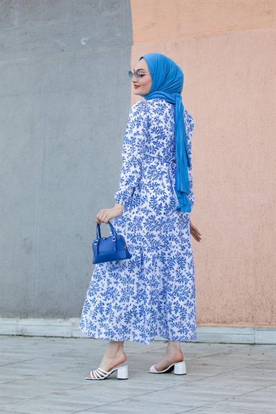Mercan Desenli Cotton Elbise-Mavi