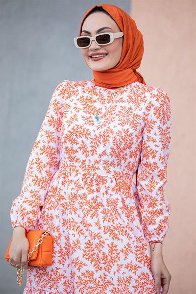 Mercan Desenli Cotton Elbise-Turuncu