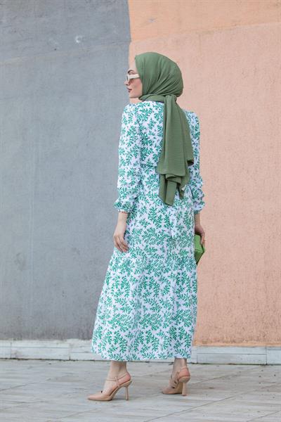 Mercan Desenli Cotton Elbise-Yeşil
