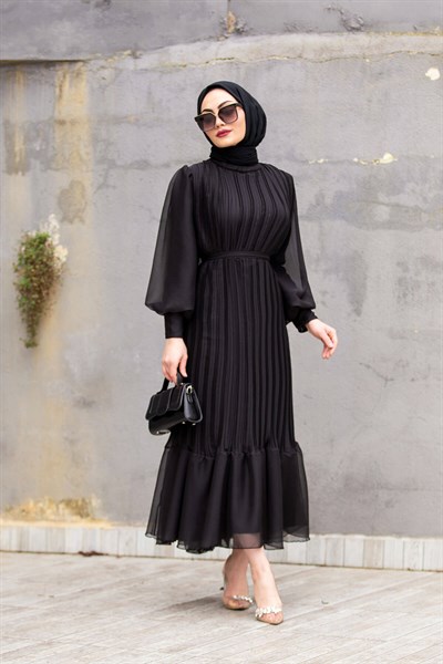 Mindy Drapeli Özel Gün Elbisesi-Siyah