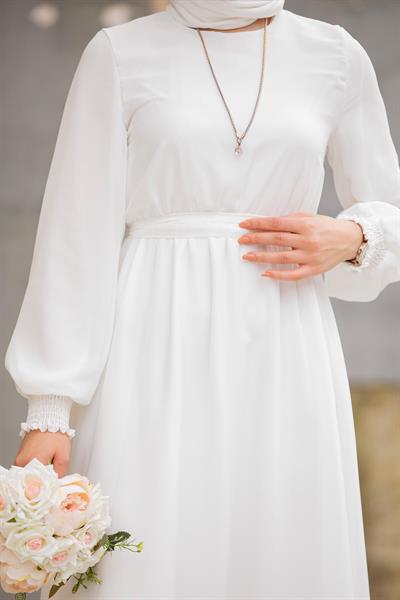 Moss Şifon Gipeli Elbise-Beyaz