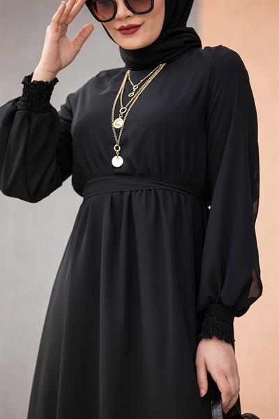 Moss Şifon Gipeli Elbise-Siyah